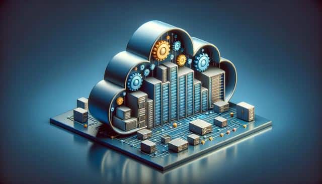 3D illustration of a cloud-shaped circuit board with server racks and gears.