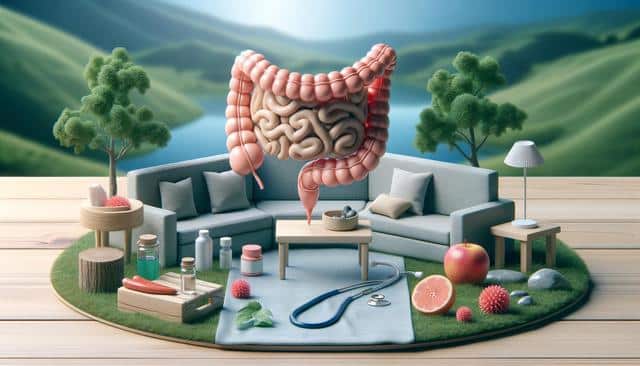 A model of intestines floats above a miniature living room with couches, a stethoscope, and various health items, set in a natural landscape.