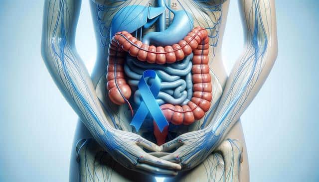 Illustration of human digestive organs with a blue awareness ribbon.