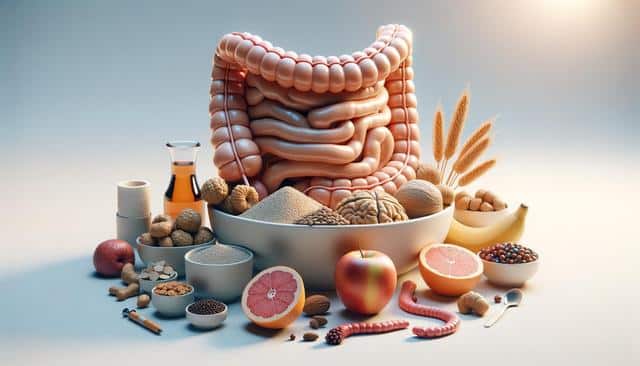 Various foods and supplements surround a stylized image of human intestines.