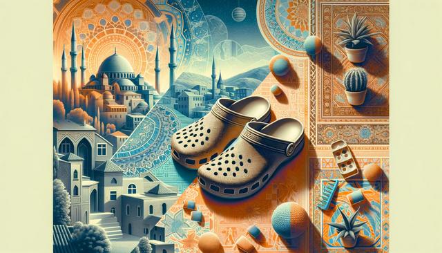 A surreal collage with ornate mosques, cityscape, patterned clogs, potted plants, and colorful balls on intricate rugs.