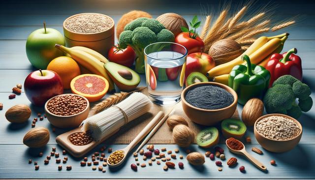 An assortment of fruits, vegetables, grains, nuts, and a glass of water arranged on a table.