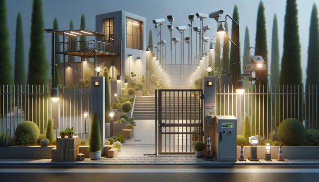 A secure modern building entrance with multiple surveillance cameras, lights, plants, and a gated fence.