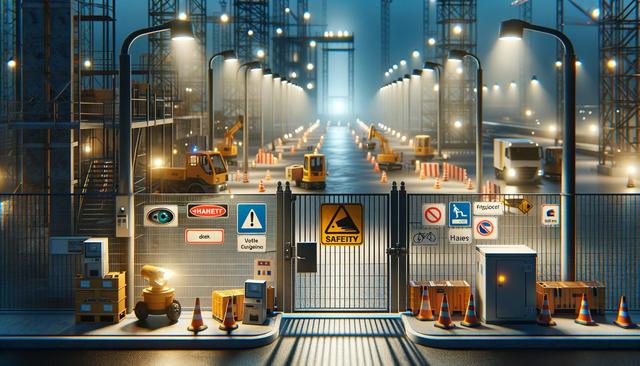 A well-lit construction site at night with safety signs, machinery, and barriers.