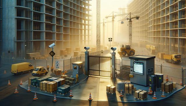 Construction site with tall buildings, cranes, vehicles, and security gates.