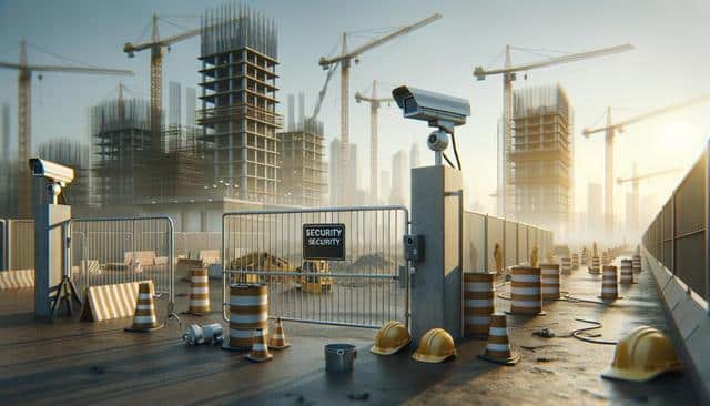Construction site with cranes and building frames, security cameras, barriers, and safety equipment like cones and helmets scattered on the ground.