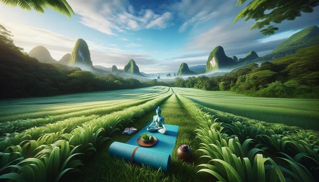 A serene landscape with a blue statue meditating on a yoga mat in lush fields, surrounded by tall green mountains.