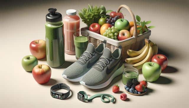 Fitness gear, fruit basket, smoothies, and smartwatch on a light background.