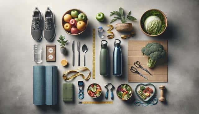 A flat lay of fitness and health items, including sneakers, fruits, vegetables, water bottles, salad bowls, scissors, mats, and exercise gear on a concrete surface.