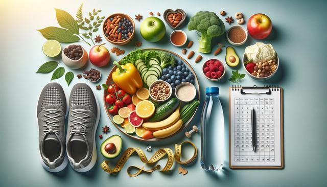 Healthy foods like fruits and vegetables, running shoes, a water bottle, a measuring tape, and a calendar on a light blue background.