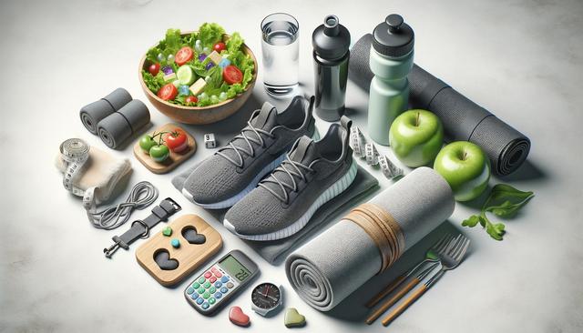 Fitness and health items: sneakers, salad, apples, water bottles, towels, yoga mats, fork, tape measure, jump rope, calculator, and watch.