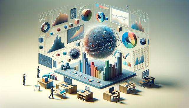 Futuristic data visualization with floating charts, graphs, and people analyzing on computers.