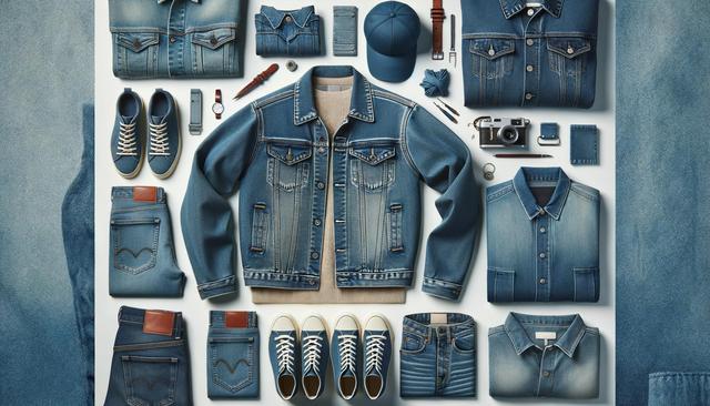Flat lay of denim clothing and accessories, including jackets, shirts, jeans, sneakers, and a cap, arranged neatly on a white background.