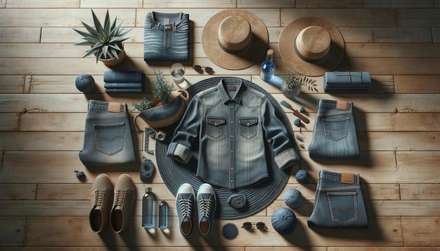 Flat lay of denim clothes, shoes, straw hats, a plant, and accessories on a wooden floor.