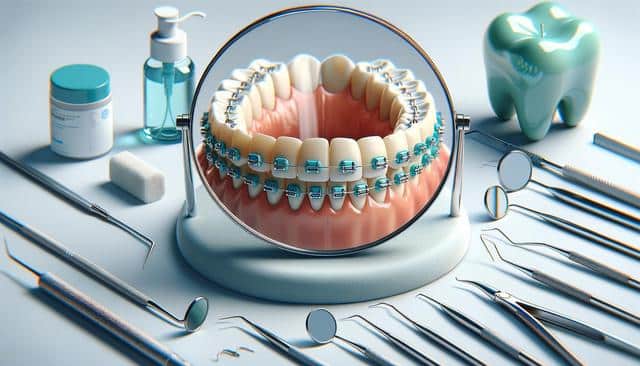 Dental model with braces, dental tools, a toothbrush, fluoride bottle, and tooth model on a light background.
