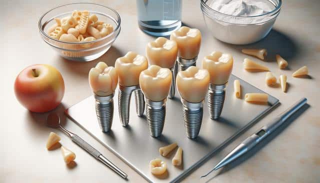 Dental implants, pasta, an apple, and dental tools on a table.