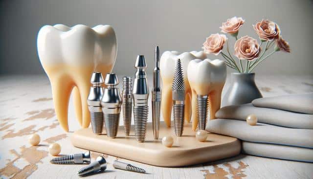 Dental implants and artificial teeth displayed on a wooden board with pink roses in a vase.