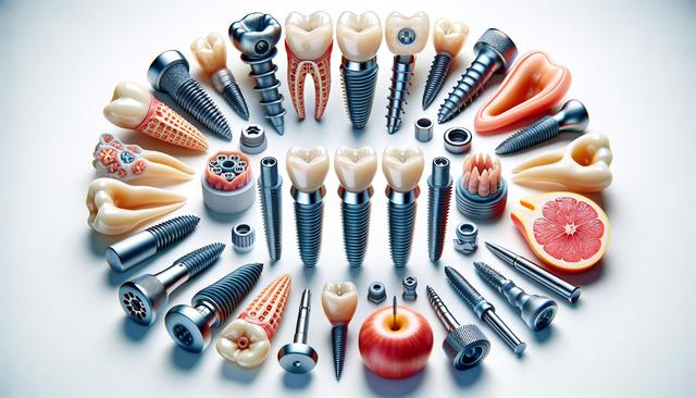 Various dental implants are arranged in a circle with some shaped like sweets, fruit, and screws on a white background.