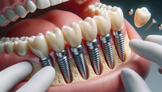 Illustration showing dental implants and artificial teeth in the gums.