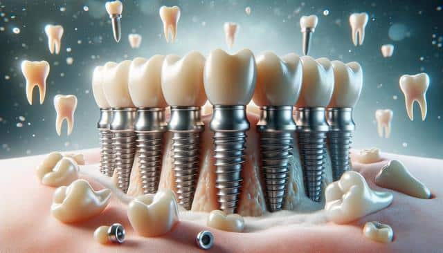 A row of dental implants resembling screws are set in gums, surrounded by floating teeth.