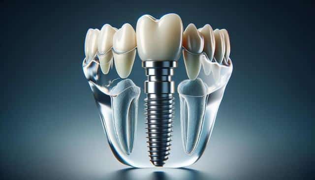 Dental implant model showing a screw and artificial tooth in a semi-transparent jaw.