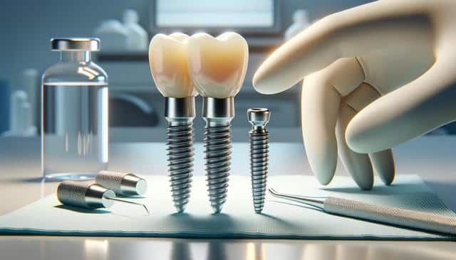 Close-up of dental implants, a gloved hand, a vial, and dental tools on a tray.
