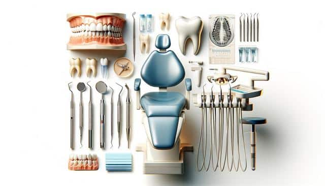 Dental chair surrounded by tools, teeth models, an X-ray, and dental equipment.