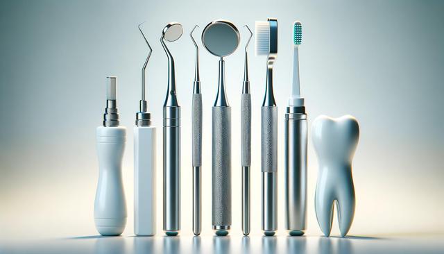 Dental tools and a toothbrush are aligned next to a model tooth.