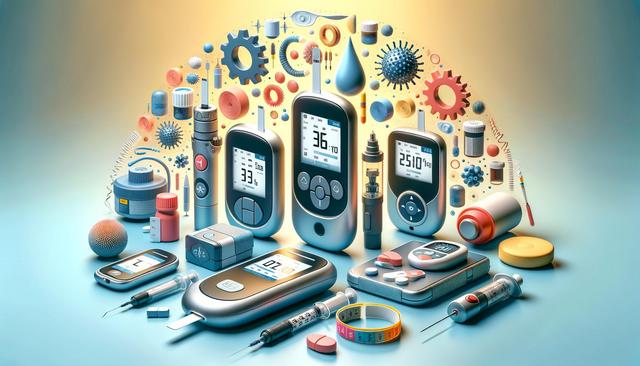 Various diabetes equipment, such as glucose meters, insulin pens, and test strips, surrounded by abstract medical icons.