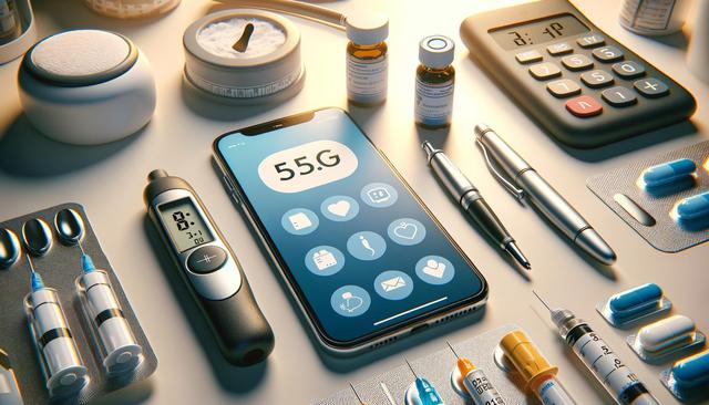 A smartphone with a health app is surrounded by medical items, syringes, pills, bottles, and a glucose meter.