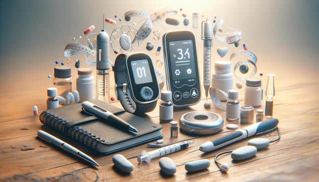 Assorted diabetes management tools and medications on a wooden surface.