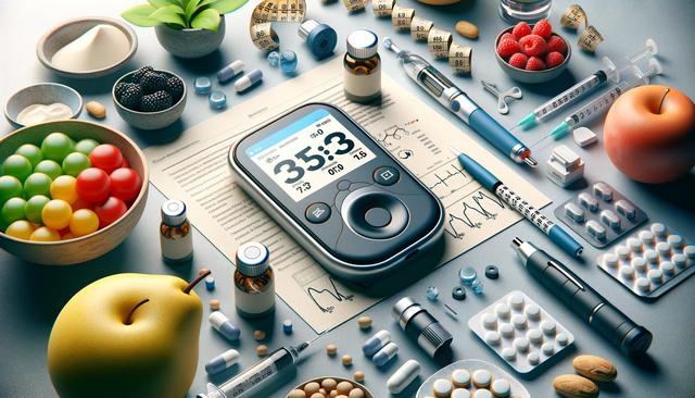Various diabetic care items and medications arranged with fruits, syringes, and a glucose meter displaying 35.3 on a tabletop.