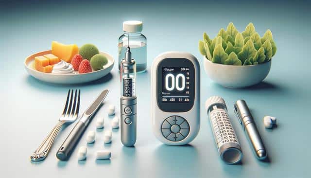 A glucometer, syringe, pills, fruits, and spinach on a light blue background.