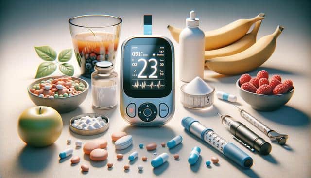 A diabetes management set-up with a glucose meter, pills, syringe pens, and healthy foods like fruit and juice.