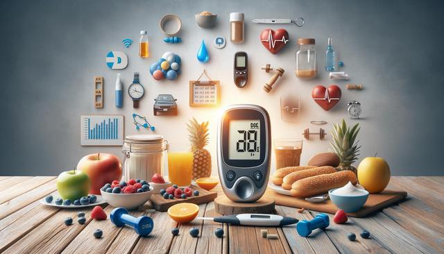 A diabetes-themed arrangement with fruits, juice, and a glucose meter on a wooden table; health icons float above.
