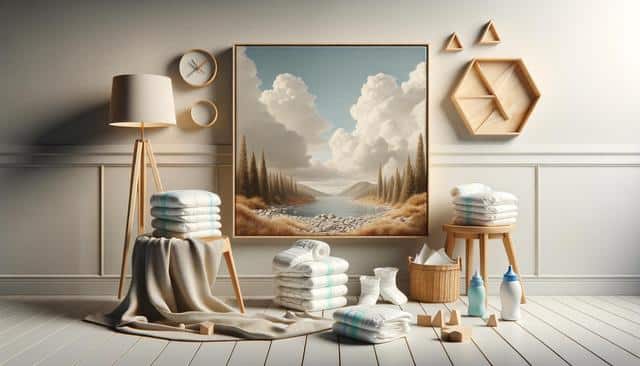 A cozy room features a lamp, wall clock, landscape painting, wooden shelves, stacked diapers, toys, and bottles.