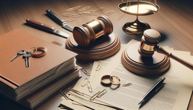 Legal desk with gavel, scales, documents, rings, keys, and paperclips.