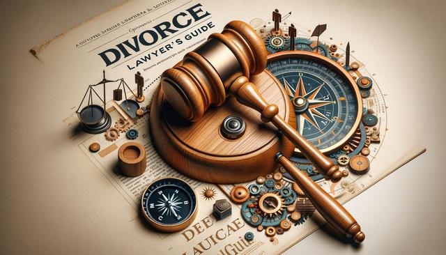 A gavel and compass on a divorce lawyer's guide with scales and gears embedded in the design.