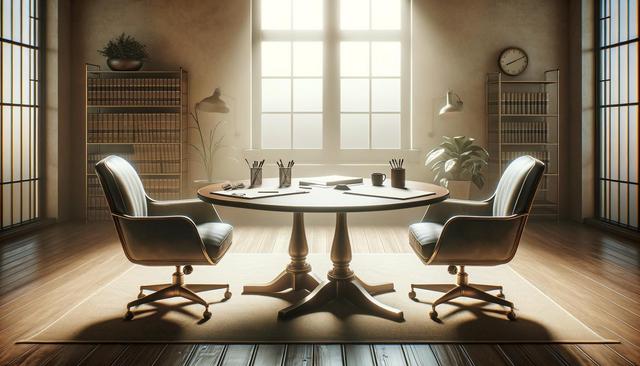 A sunlit office with a round table, two chairs, and shelves of books.
