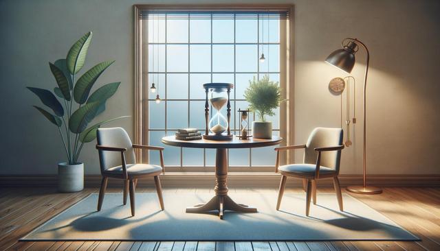 A cozy room with a round table, two chairs, a large hourglass, books, a plant, a tall lamp, and sunlight streaming through a window.