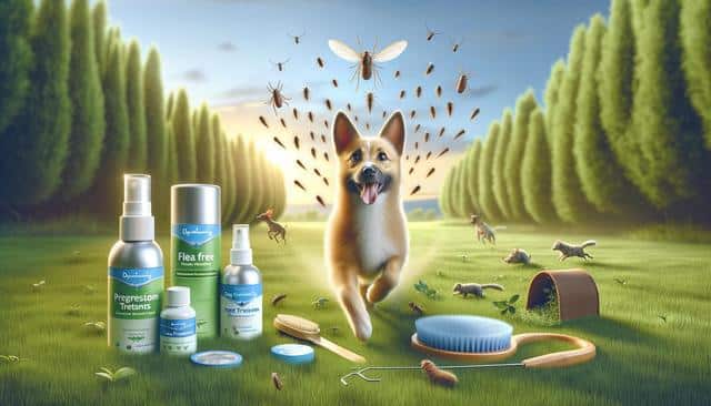A dog runs joyfully through a field with pest control products, surrounded by flying insects.