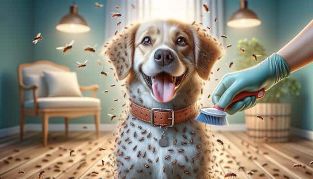 Smiling dog covered in fleas being brushed in a cozy room.