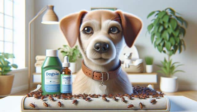 Close-up of a dog with medicines labeled "Dogsie" and "Dogiec," surrounded by fleas on a rolled-up mat in a cozy room.