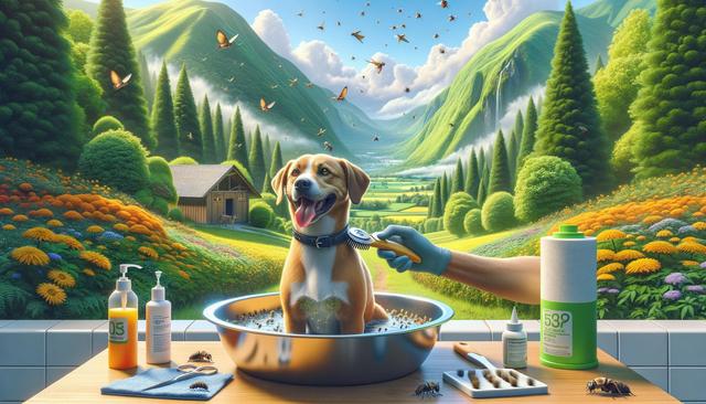 A happy dog in a metal tub being groomed in a lush, mountainous garden with colorful flowers, butterflies, and a small house.