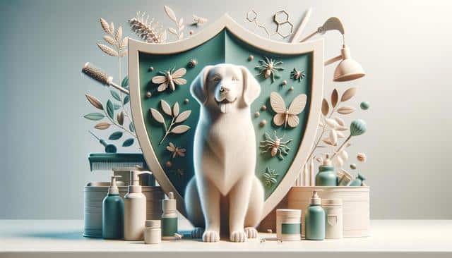 A white dog sitting in front of a decorative shield with insects and leaves, surrounded by grooming supplies.