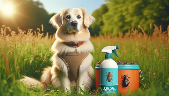 A fluffy dog sits in a sunny grassy field with a dog flea prevention spray bottle and a canister beside it.