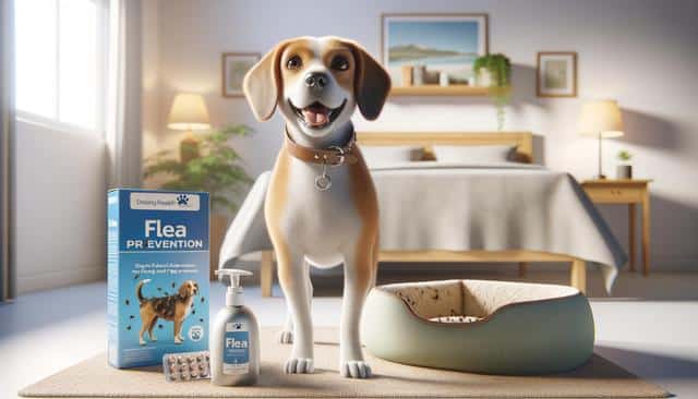 A happy dog next to flea prevention products in a cozy bedroom.