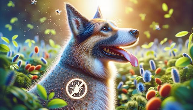 A happy dog sits in a colorful field with a tick prevention symbol on its back.
