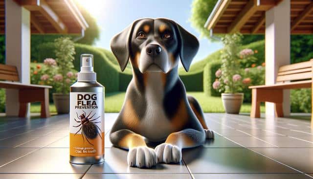 A dog sits on a patio next to a bottle of dog flea prevention spray, with a garden in the background.