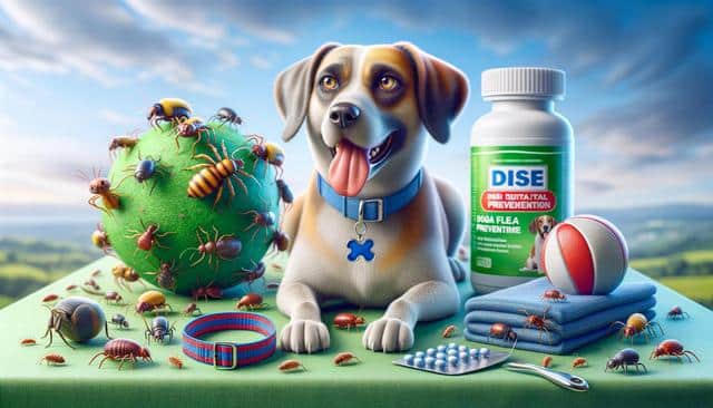 A dog with fleas, surrounded by flea-related items like a collar, pills, a bottle, a ball, and a green ball covered in bugs.